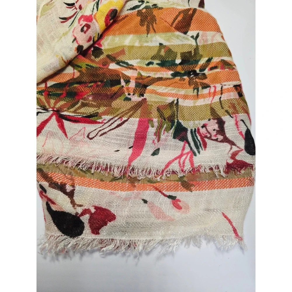 J. Jill Womens Floral Plaid Mixed Print Oversized Triangle Scarf Orange Cream‎